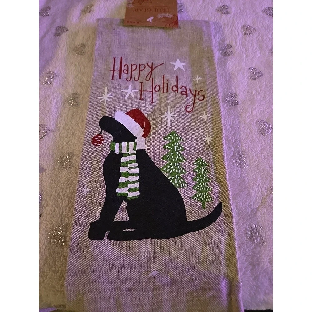 True Gear Happy Holidays Black Lab Dog Christmas Kitchen Hand Towel New‎